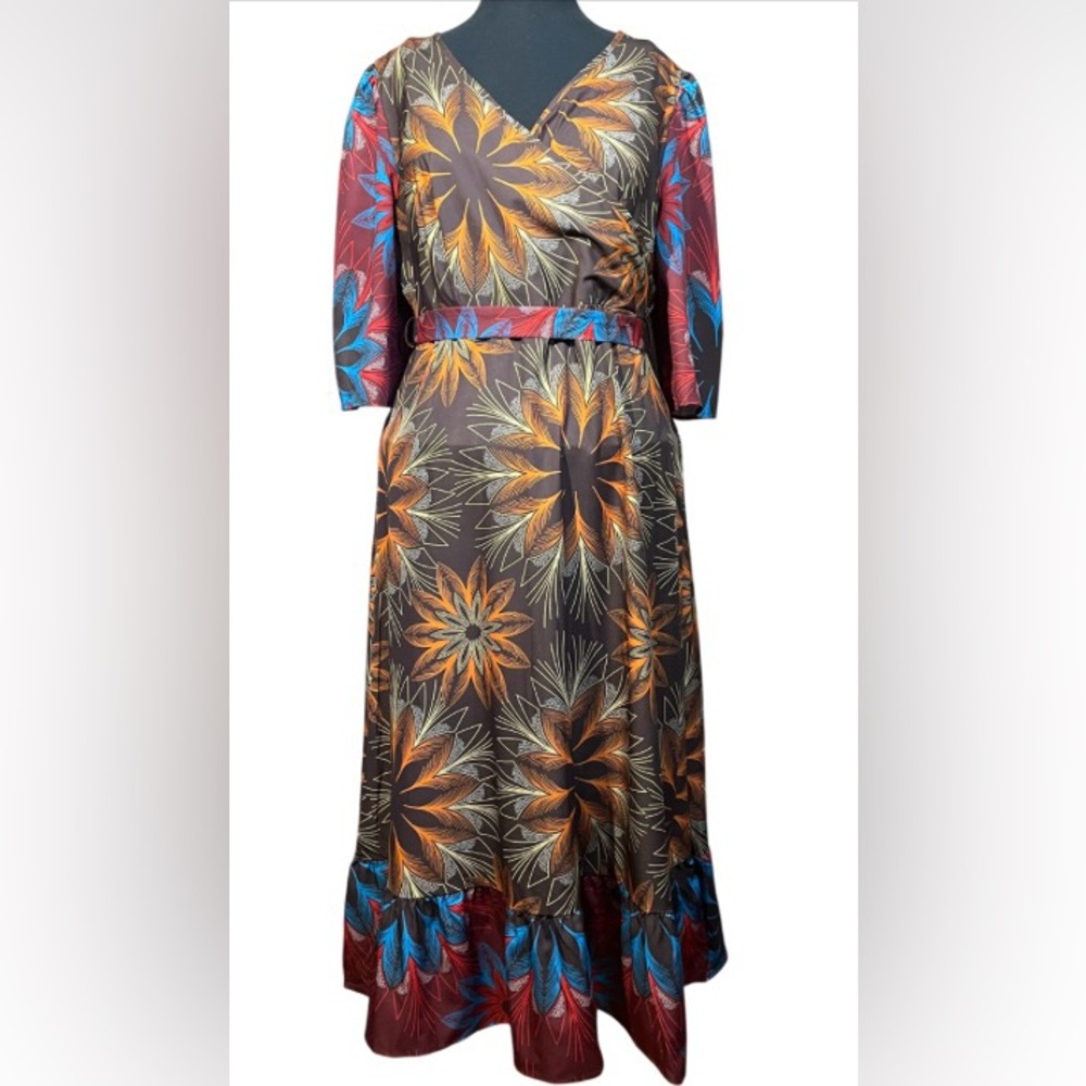 Source Unknown Asymmetrical 2X Dress in Brown and Blue GUC